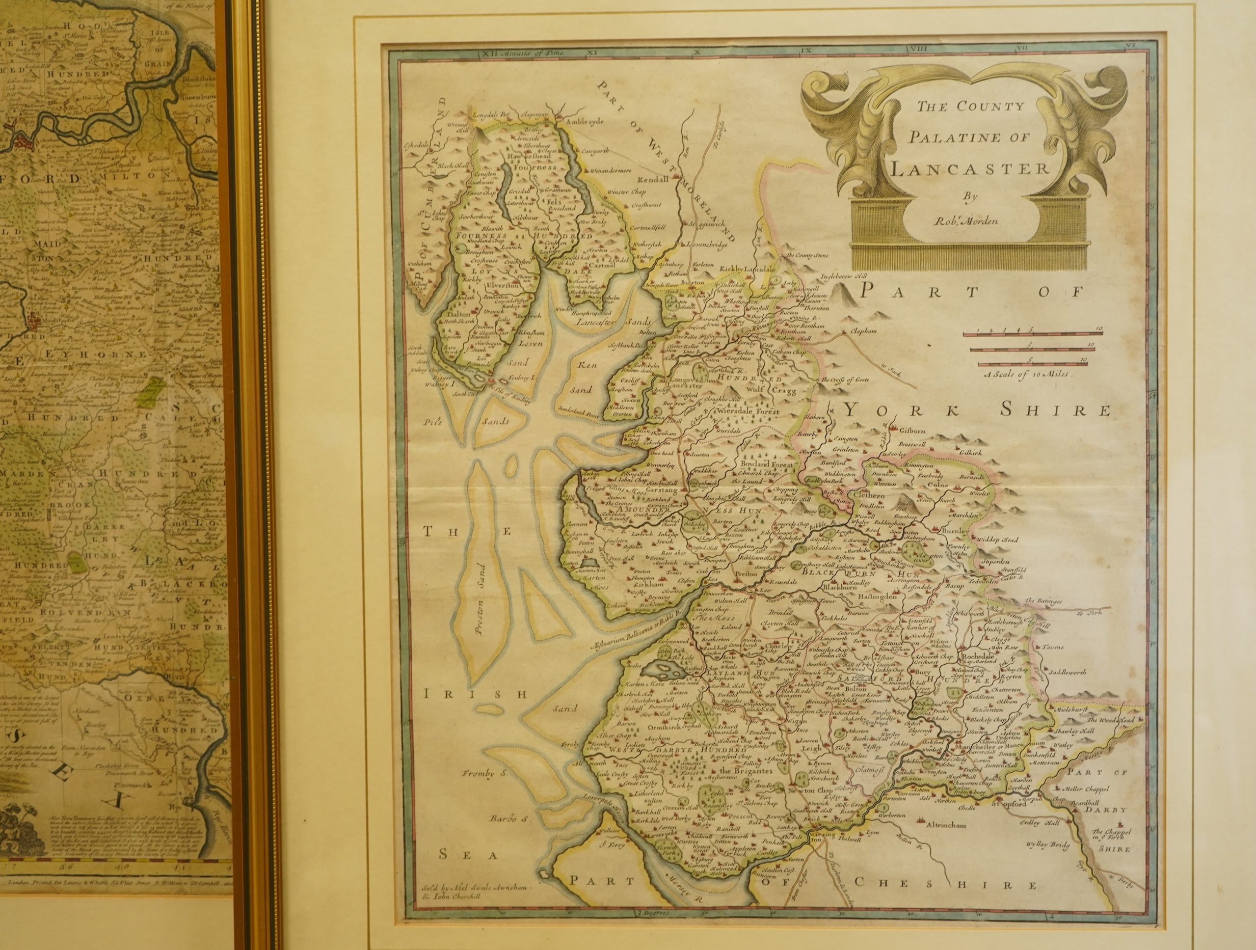Emanuel Bowen (1694-1767), 'An accurate map of the County of Kent, divided into its lathes', hand coloured engraved map, printed for Laurie & Whittle, London, together with Robert Morden (c. 1650-1703), The County Palati